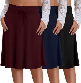 3 Pack Plus Size Skirts for Women Knee Length Flared Midi Stretchy Drawstring Summer Skirts 1X-5X