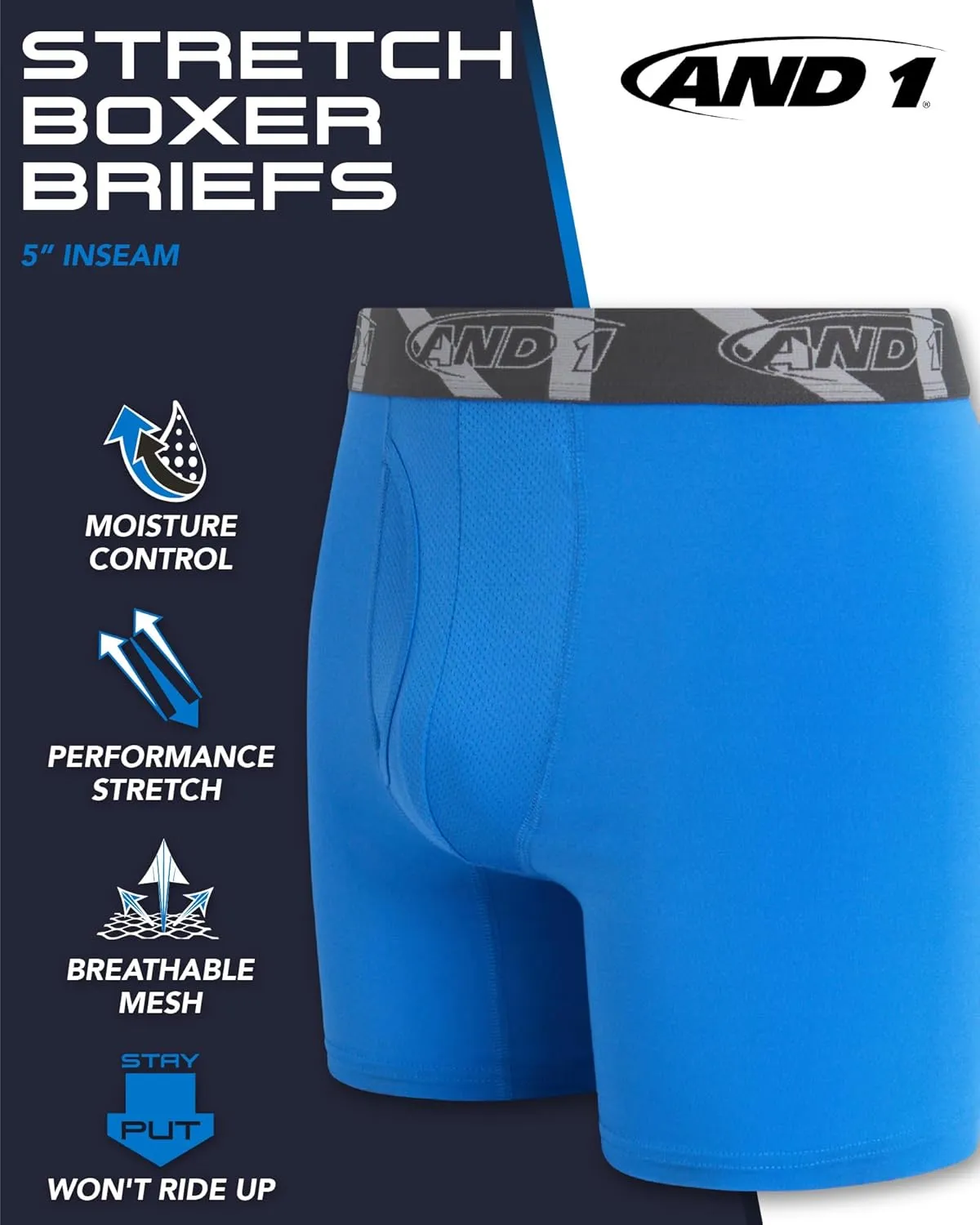 AND1 Mens Boxer Briefs - 6 Pack Stretch Performance Mens Underwear Boxers with Functional Fly Pouch (Sizes: S-3XL)