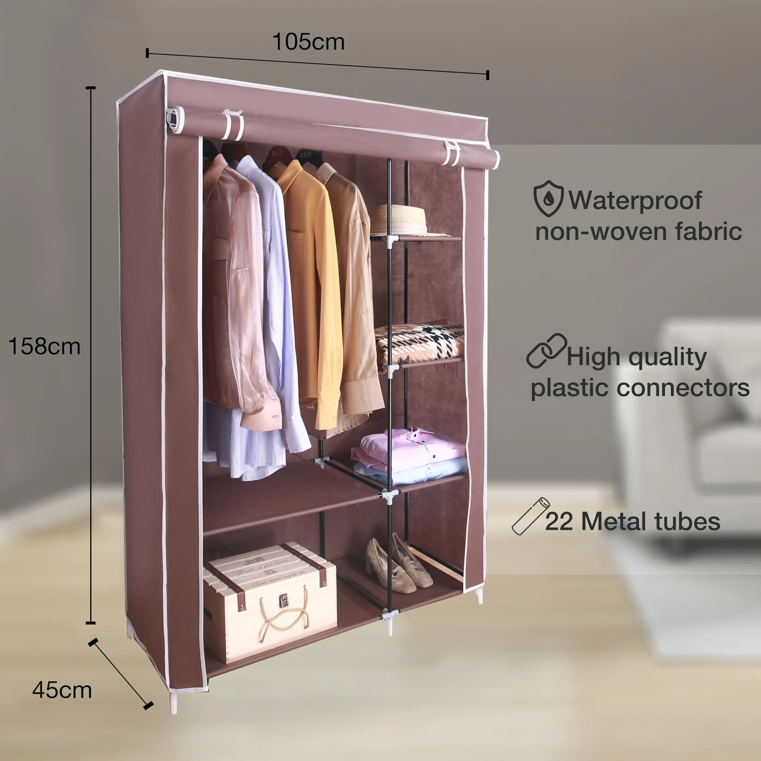 AROME PUR Canvas Wardrobe Organizer Clothes Rail Shelves Storage Closet Double Short (Brown)