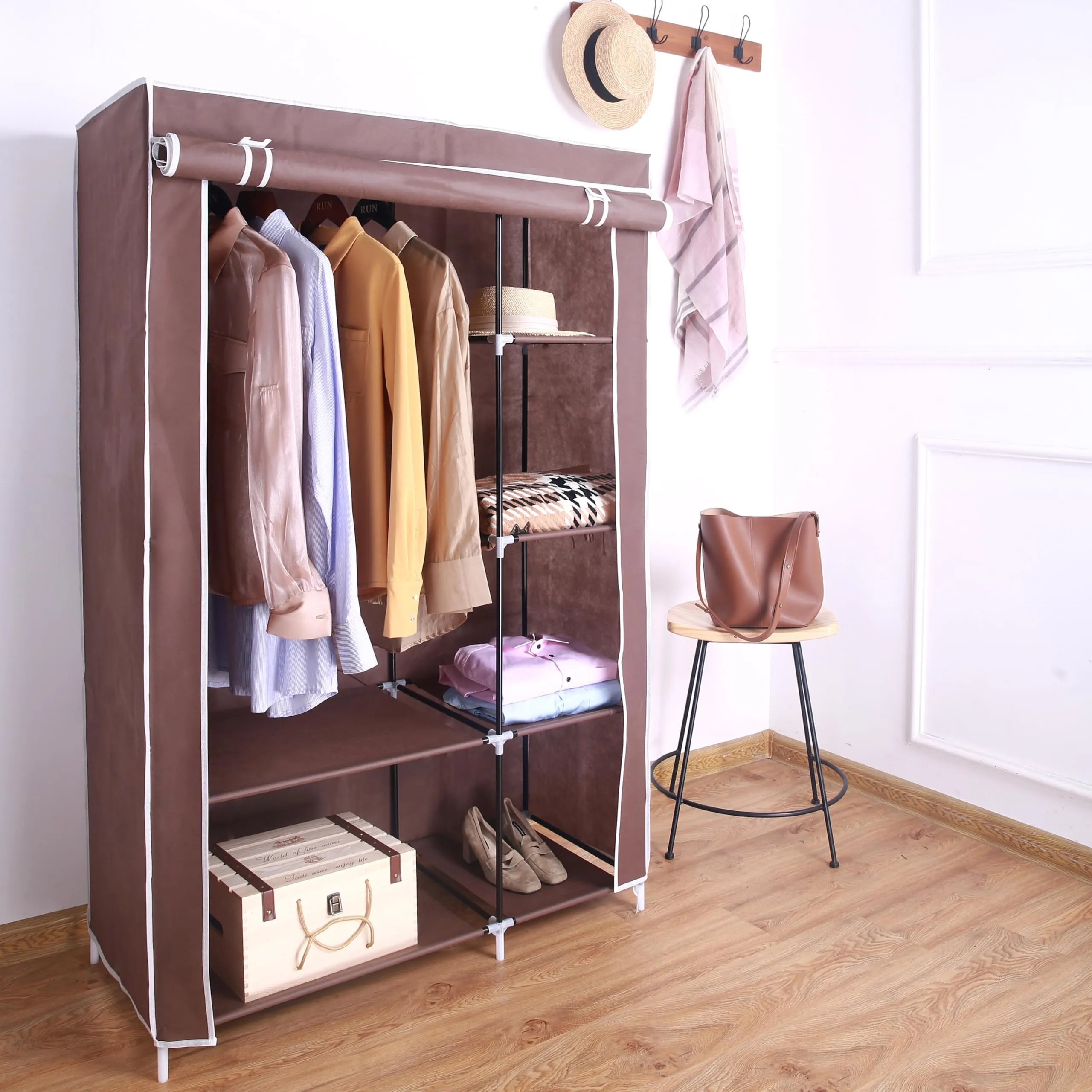 AROME PUR Canvas Wardrobe Organizer Clothes Rail Shelves Storage Closet Double Short (Brown)