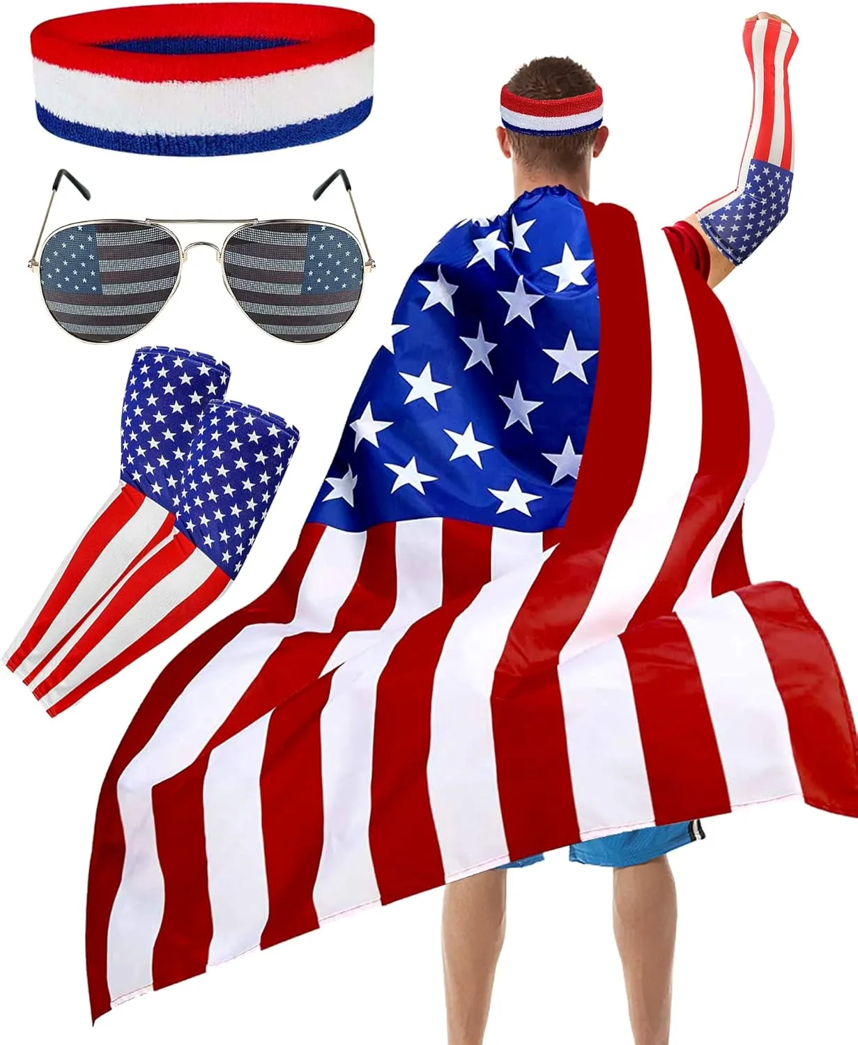 BleSky American Flag Costume Cape, Retro 80's USA Patriotic Flag Cloak Set for Adult 4th of July Independence Day Celebration Halloween Party Accessories