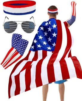 BleSky American Flag Costume Cape, Retro 80's USA Patriotic Flag Cloak Set for Adult 4th of July Independence Day Celebration Halloween Party Accessories