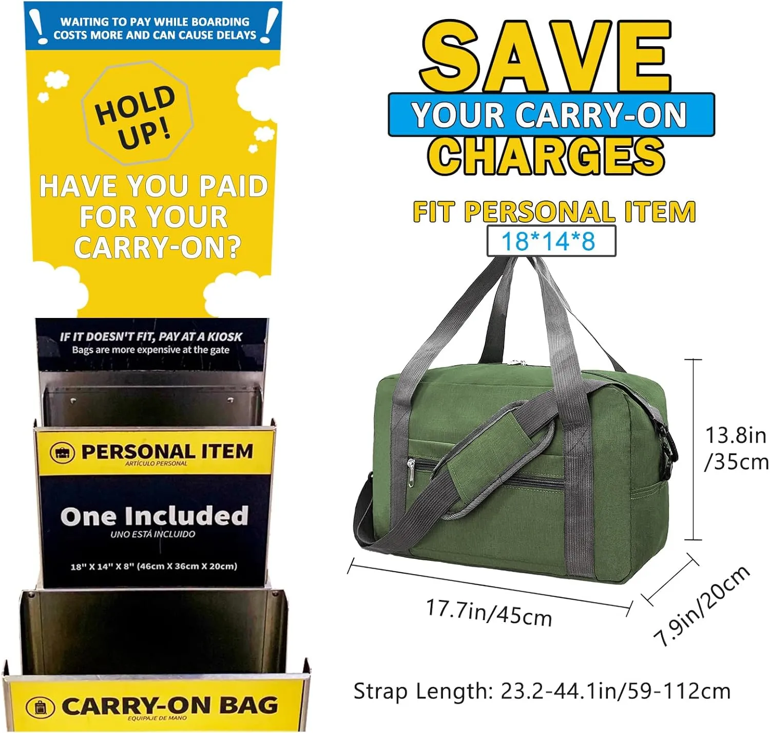 For Spirit Airlines Personal Item Bag 18x14x8 in Underseat Carry-on Luggage foldable Travel Duffle Bag for Airplanes(30L, Army Green)