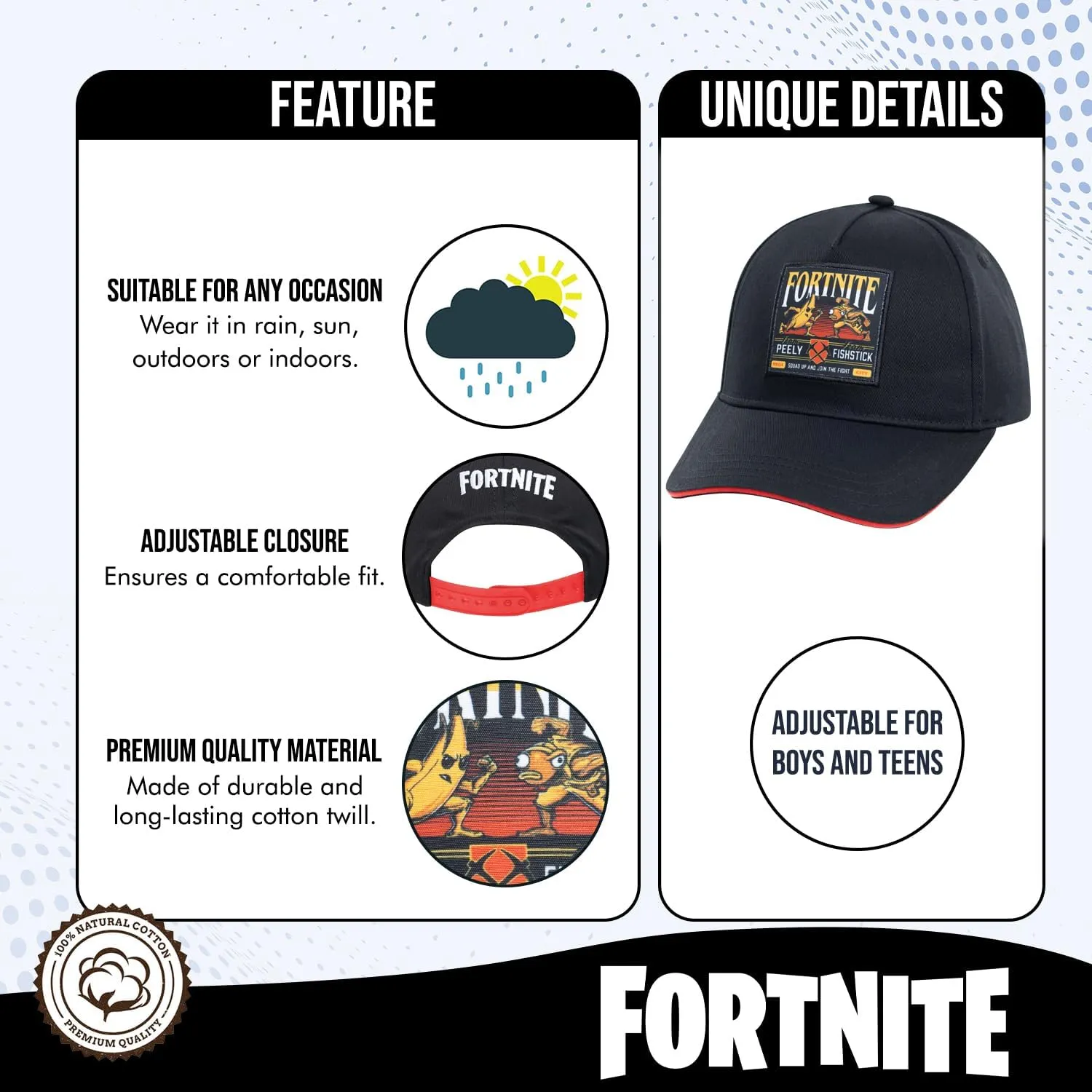 FORTNITE Baseball Cap for Boys, Quality Made Boys Hat and Fitted Cap, Flatbrim Baseball Hat with Sleek Design