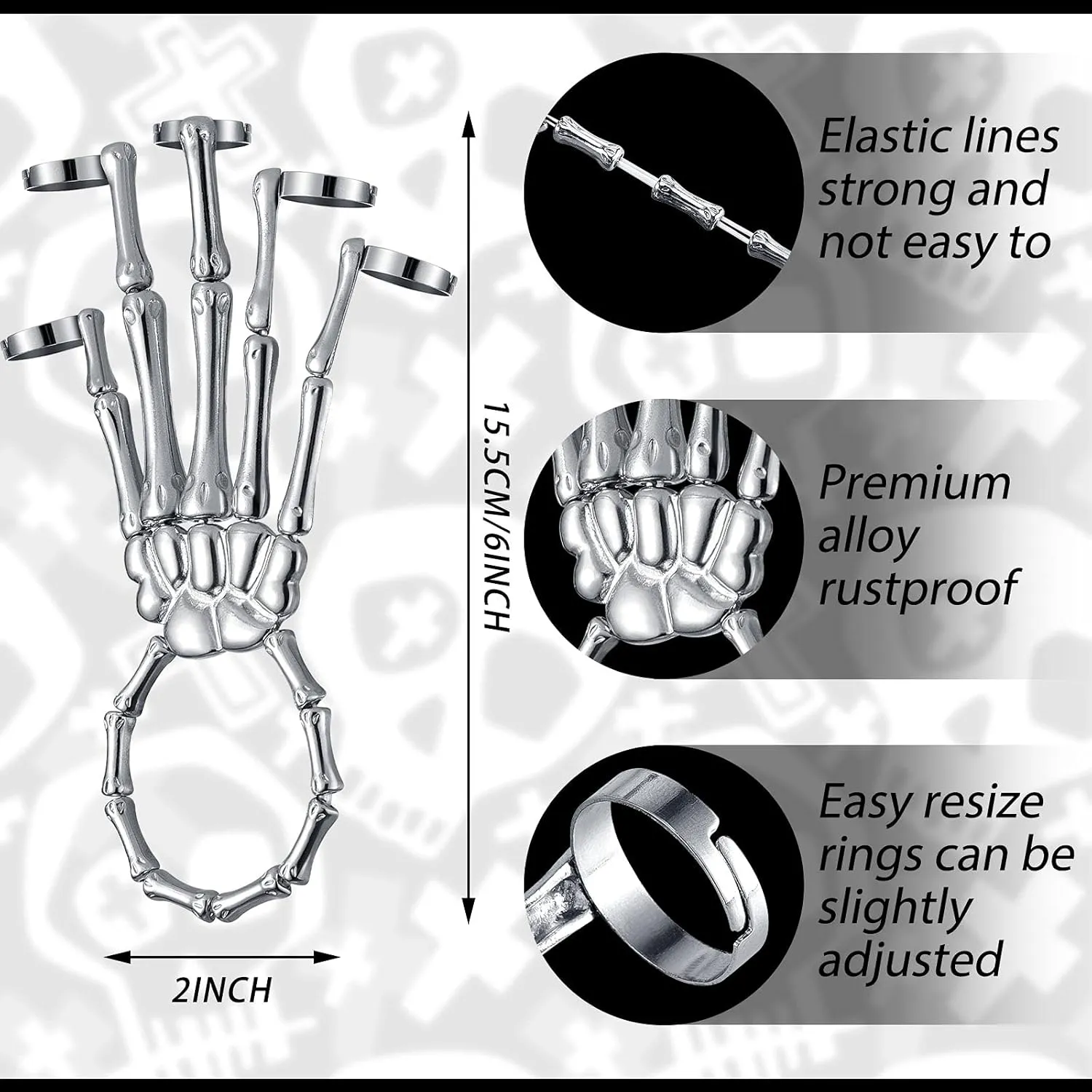 Hicarer 2 Pcs Skeleton Hand Bracelet with Finger Ring Metal Steampunk Skull Gothic Skull Bracelet Adjustable Skeleton Hand Jewelry Finger Wristband for Men Women Cosplay
