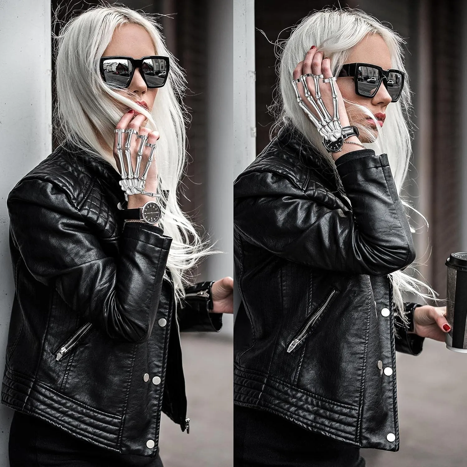 Hicarer 2 Pcs Skeleton Hand Bracelet with Finger Ring Metal Steampunk Skull Gothic Skull Bracelet Adjustable Skeleton Hand Jewelry Finger Wristband for Men Women Cosplay