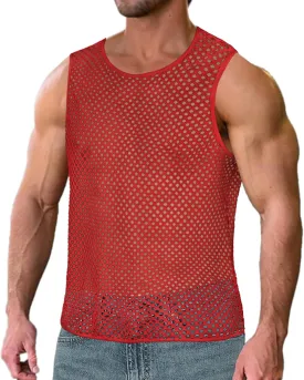 Men's Mesh Fishnet Muscle Top See Through Shirts Fitted Crew Neck Tee Clubwear