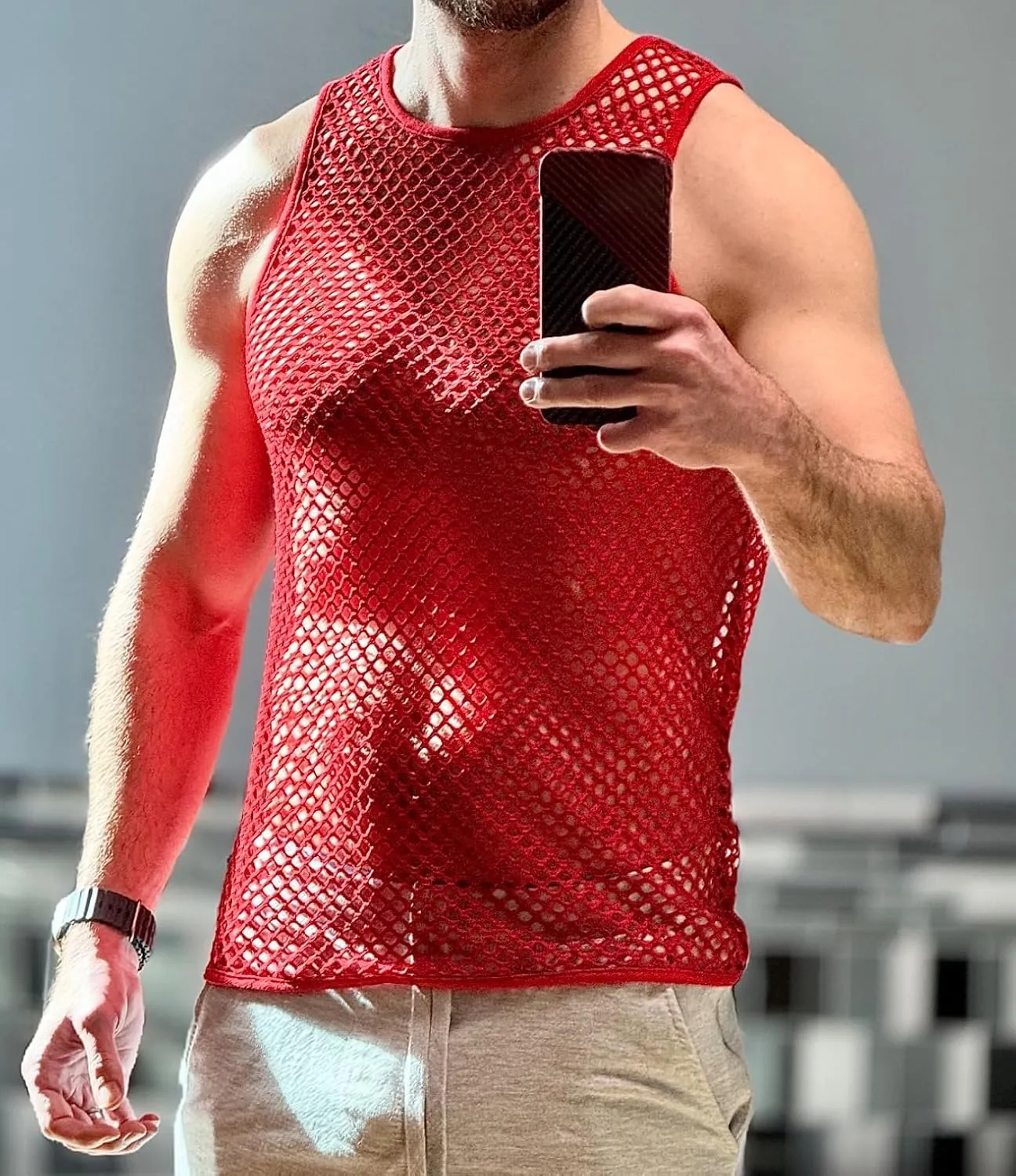 Men's Mesh Fishnet Muscle Top See Through Shirts Fitted Crew Neck Tee Clubwear