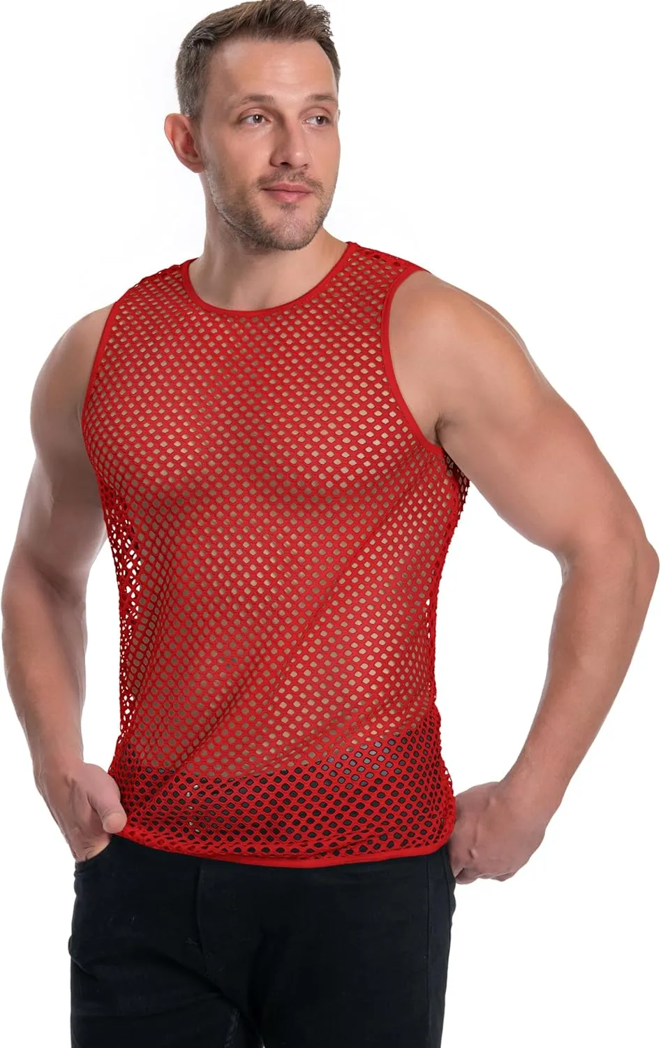 Men's Mesh Fishnet Muscle Top See Through Shirts Fitted Crew Neck Tee Clubwear