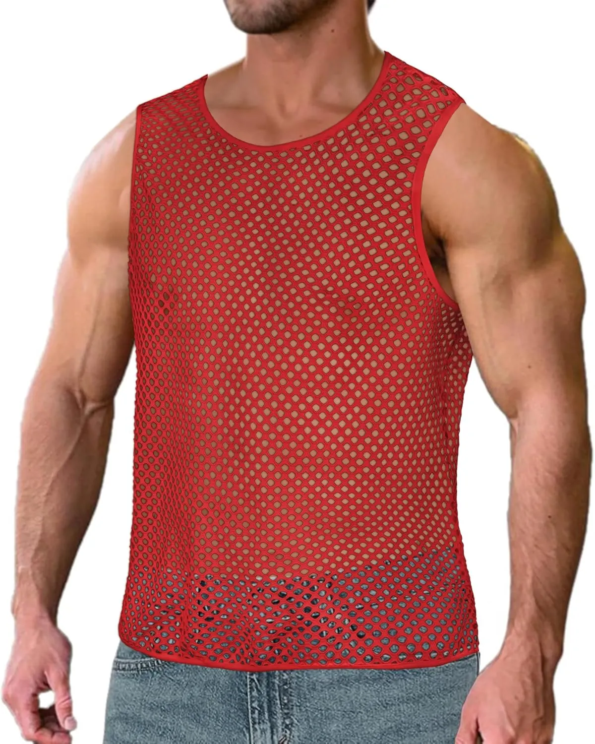 Men's Mesh Fishnet Muscle Top See Through Shirts Fitted Crew Neck Tee Clubwear