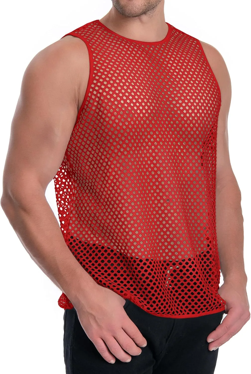 Men's Mesh Fishnet Muscle Top See Through Shirts Fitted Crew Neck Tee Clubwear