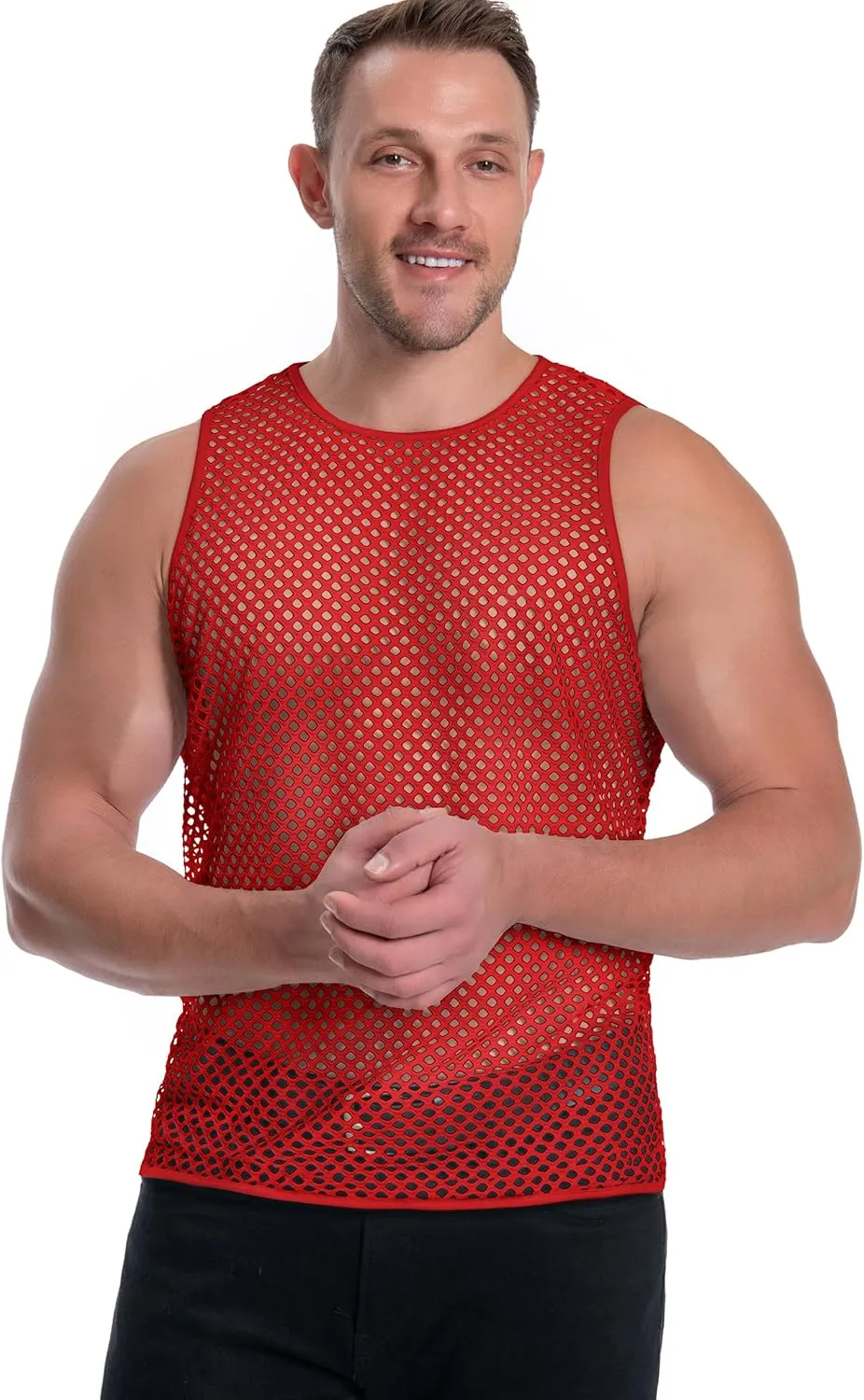 Men's Mesh Fishnet Muscle Top See Through Shirts Fitted Crew Neck Tee Clubwear